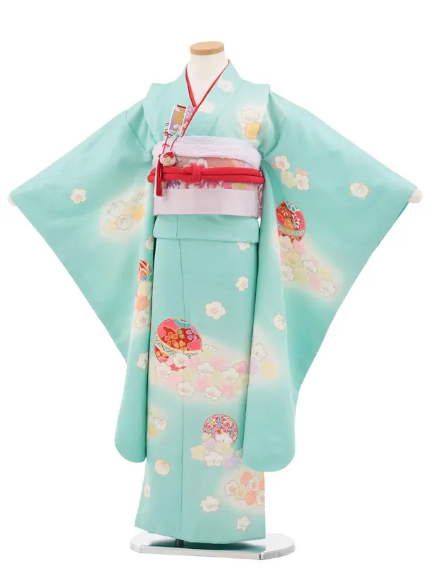 七五三(7歳結び帯)Y927 【正絹】うすミント まりに四季花