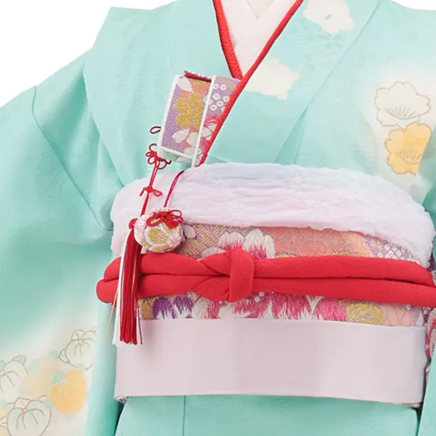 七五三(7歳結び帯)Y927 【正絹】うすミント まりに四季花