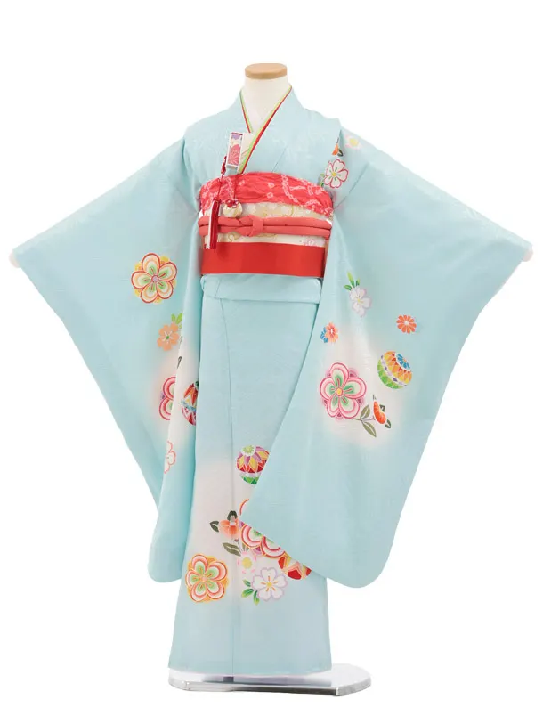 七五三(7歳結び帯)Y932 【正絹】水色 まり花