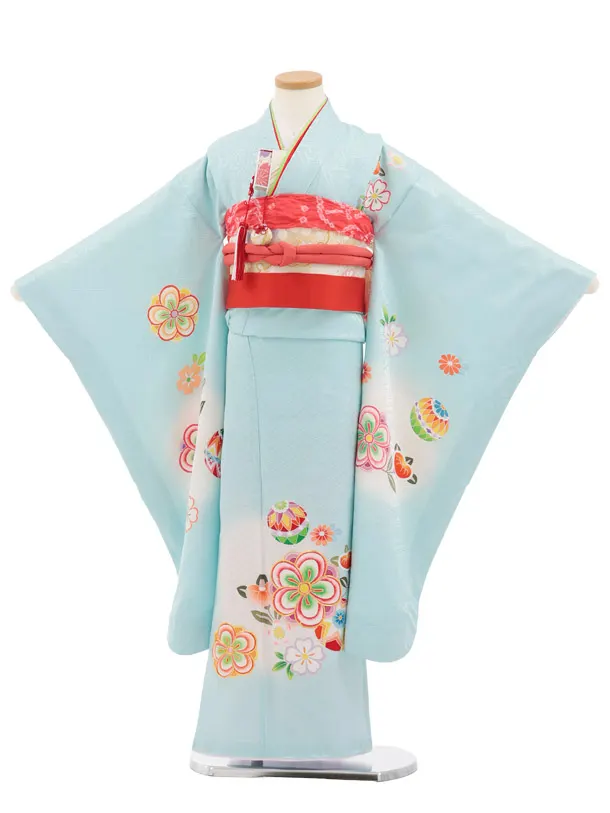 七五三(7歳結び帯)Y932 【正絹】水色 まり花