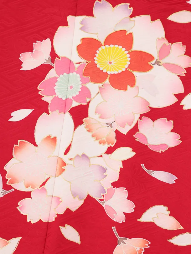 七五三(7歳結び帯)Y933 【正絹】赤地 桜