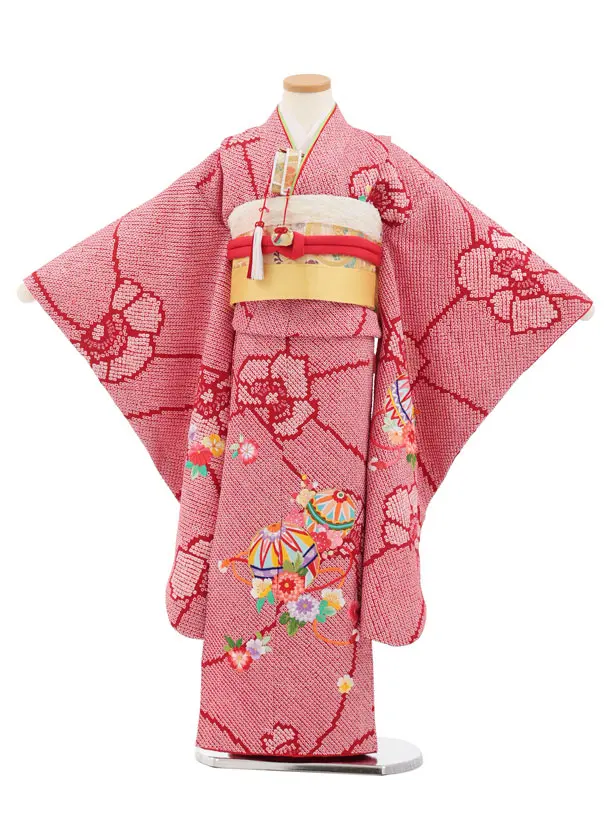 七五三(7歳結び帯)Y946【正絹】赤絞り刺繍鞠