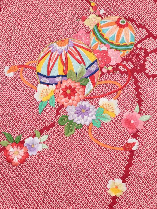 七五三(7歳結び帯)Y946【正絹】赤絞り刺繍鞠