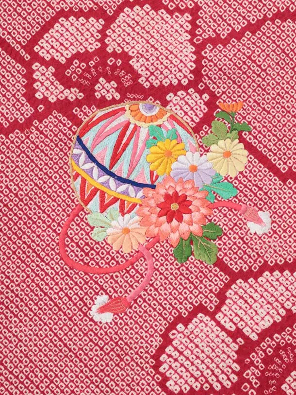 七五三(7歳結び帯)Y946【正絹】赤絞り刺繍鞠