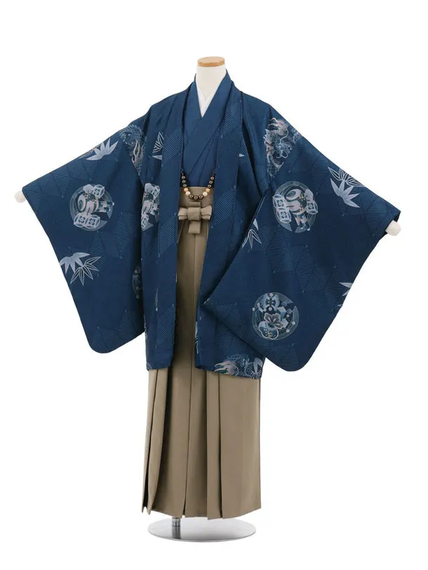かんたん着付小学生男児袴ﾚﾝﾀﾙZ728 薄紺丸紋龍×モカブラウン