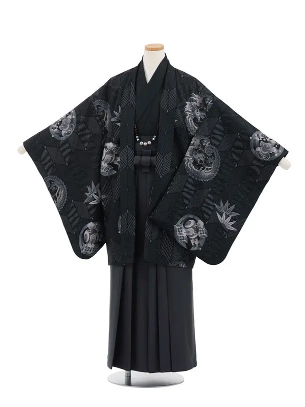 かんたん着付小学生男児袴ﾚﾝﾀﾙZ729 黒地丸紋龍×チェコールグレー