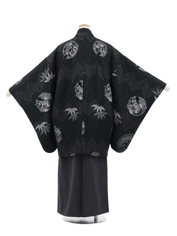 かんたん着付小学生男児袴ﾚﾝﾀﾙZ729 黒地丸紋龍×チェコールグレー