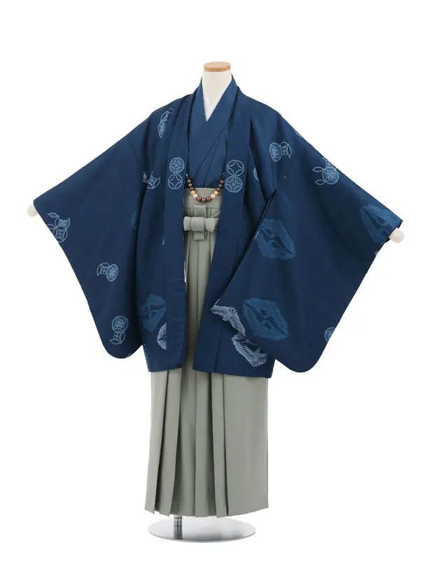 かんたん着付小学生男児袴ﾚﾝﾀﾙZ732 薄紺向鶴×グレー