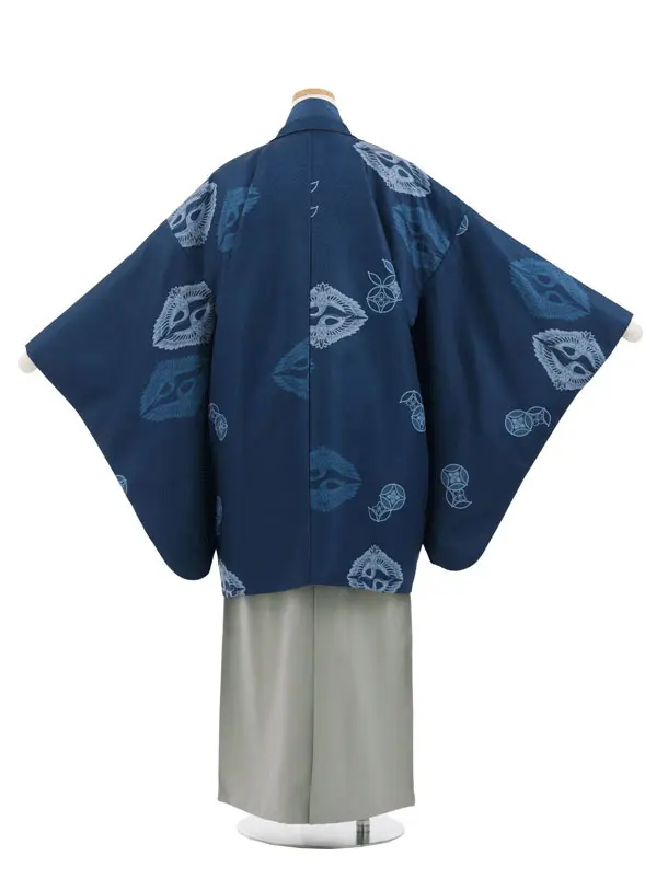 かんたん着付小学生男児袴ﾚﾝﾀﾙZ732 薄紺向鶴×グレー