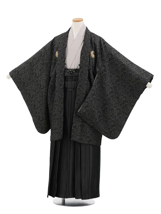 かんたん着付小学生男児袴ﾚﾝﾀﾙZ735 黒地ラメしゃれ紋×黒ストライプ