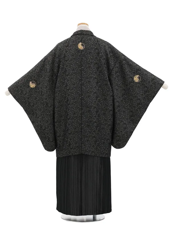 かんたん着付小学生男児袴ﾚﾝﾀﾙZ735 黒地ラメしゃれ紋×黒ストライプ