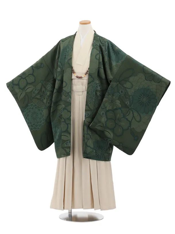かんたん着付小学生男児袴ﾚﾝﾀﾙZ736 緑七宝椿×ベージュラメ