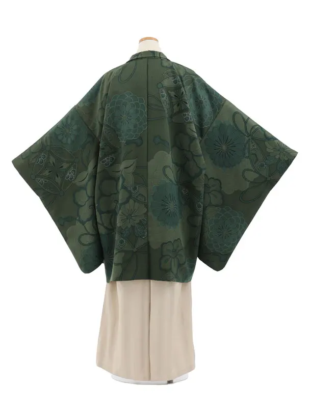 かんたん着付小学生男児袴ﾚﾝﾀﾙZ736 緑七宝椿×ベージュラメ