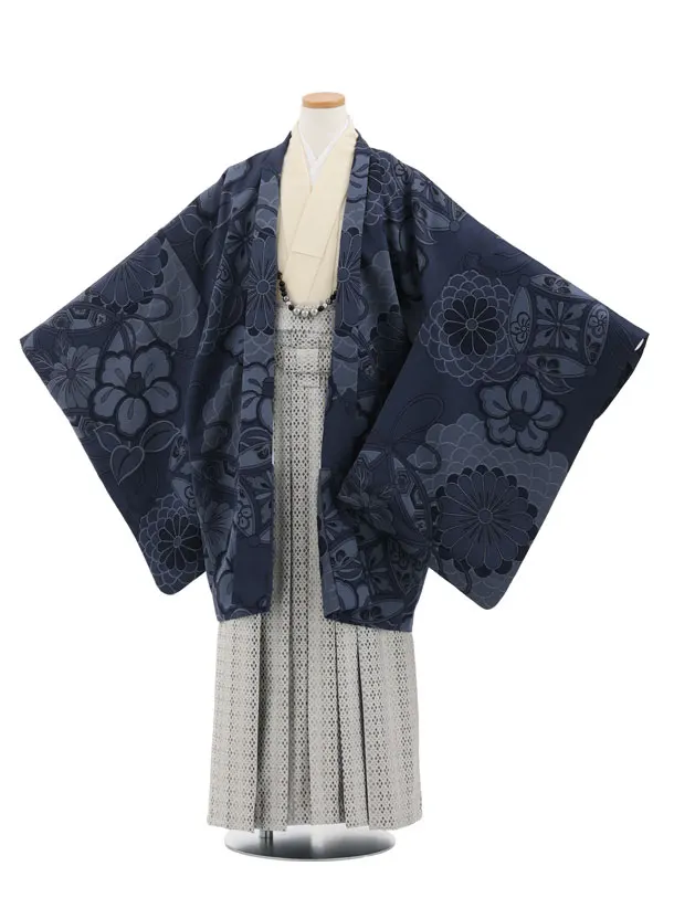 かんたん着付小学生男児袴ﾚﾝﾀﾙZ737 紺地七宝椿×グレー