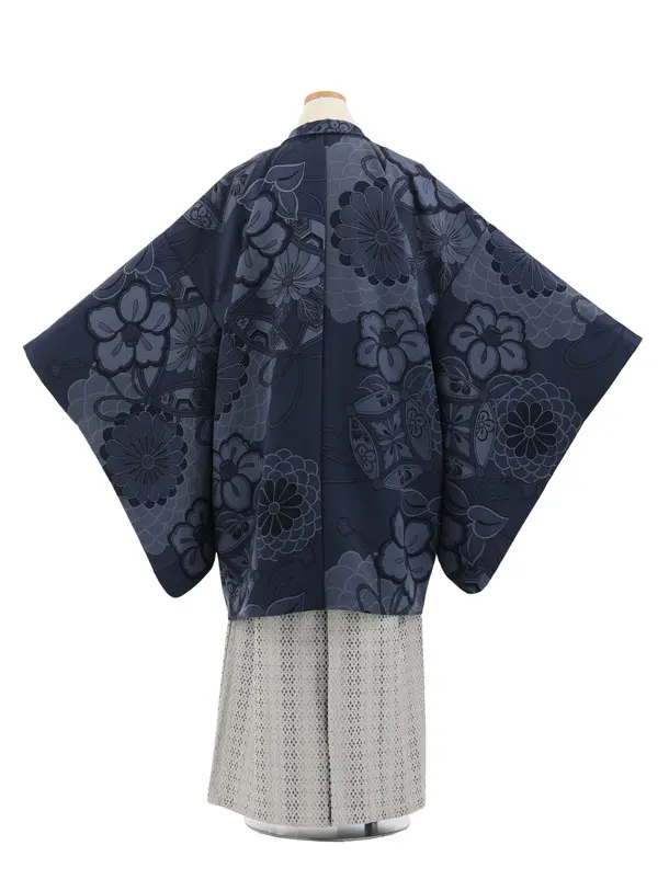 かんたん着付小学生男児袴ﾚﾝﾀﾙZ737 紺地七宝椿×グレー