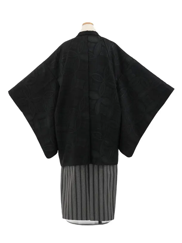 かんたん着付小学生男児袴ﾚﾝﾀﾙZ738 黒地七宝×グレーシルバー縞