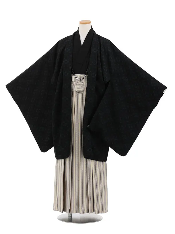 かんたん着付小学生男児袴ﾚﾝﾀﾙZ741 黒地花菱×ベージュストライプ