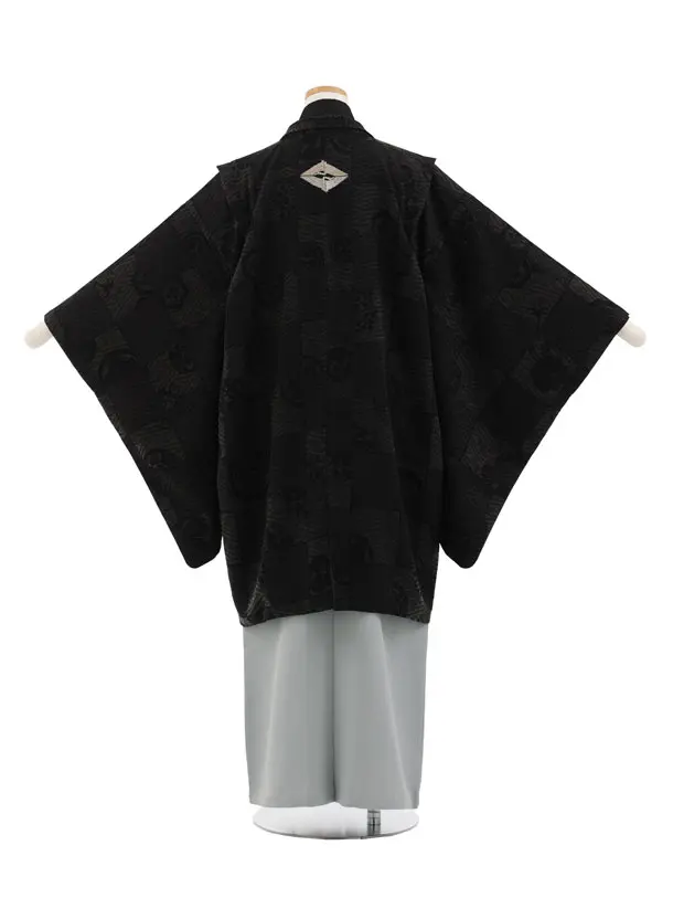 ｼﾞｭﾆｱ袴男児Z743 華徒然 黒市松しゃれ紋×グレー袴