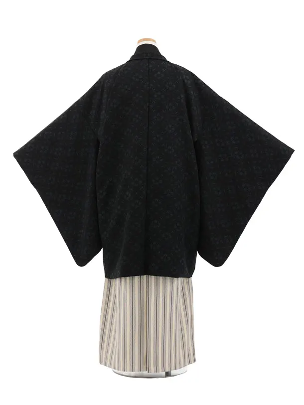 かんたん着付小学生男児袴ﾚﾝﾀﾙZ752  黒地花菱×ベージュストライプ