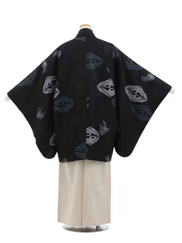 かんたん着付小学生男児袴ﾚﾝﾀﾙZ756  黒地向鶴×ベージュ