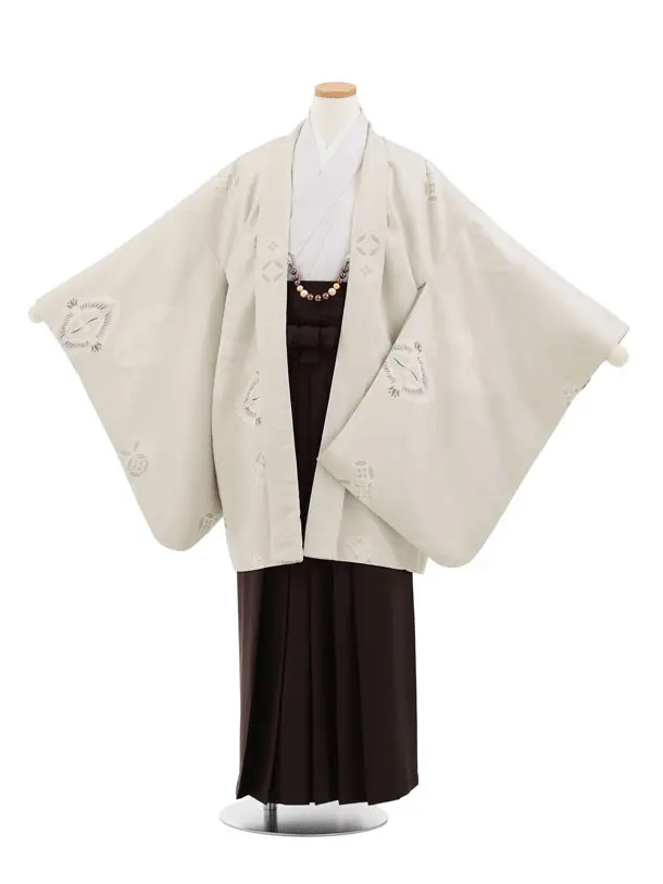 かんたん着付小学生男児袴ﾚﾝﾀﾙZ758  ベージュ向鶴×茶