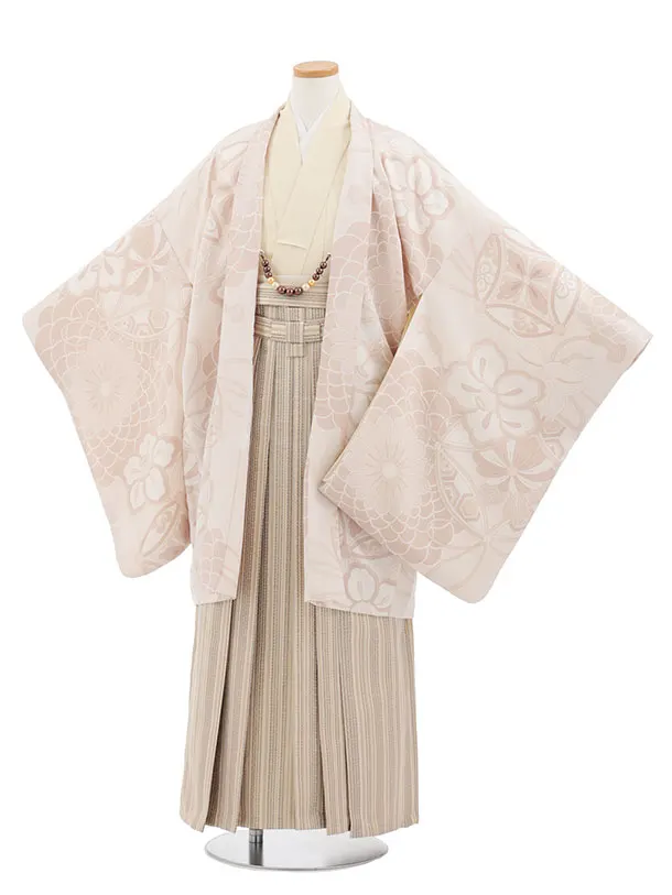 かんたん着付小学生男児袴ﾚﾝﾀﾙZ762  ベージュ七宝椿×ベージュストライプ