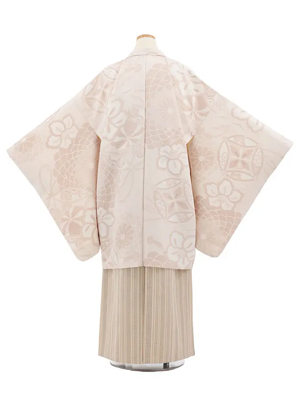 かんたん着付小学生男児袴ﾚﾝﾀﾙZ762  ベージュ七宝椿×ベージュストライプ