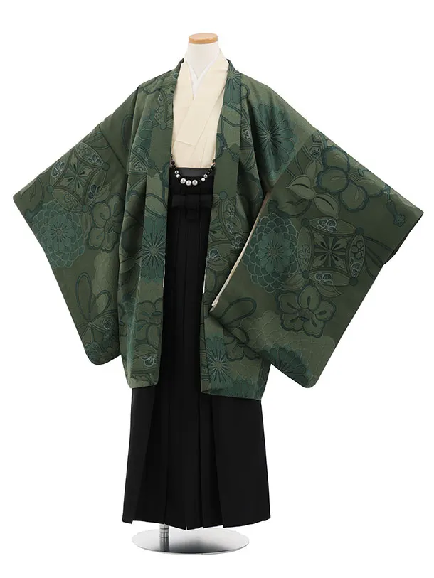 かんたん着付小学生男児袴ﾚﾝﾀﾙZ763  グリーン七宝椿×黒
