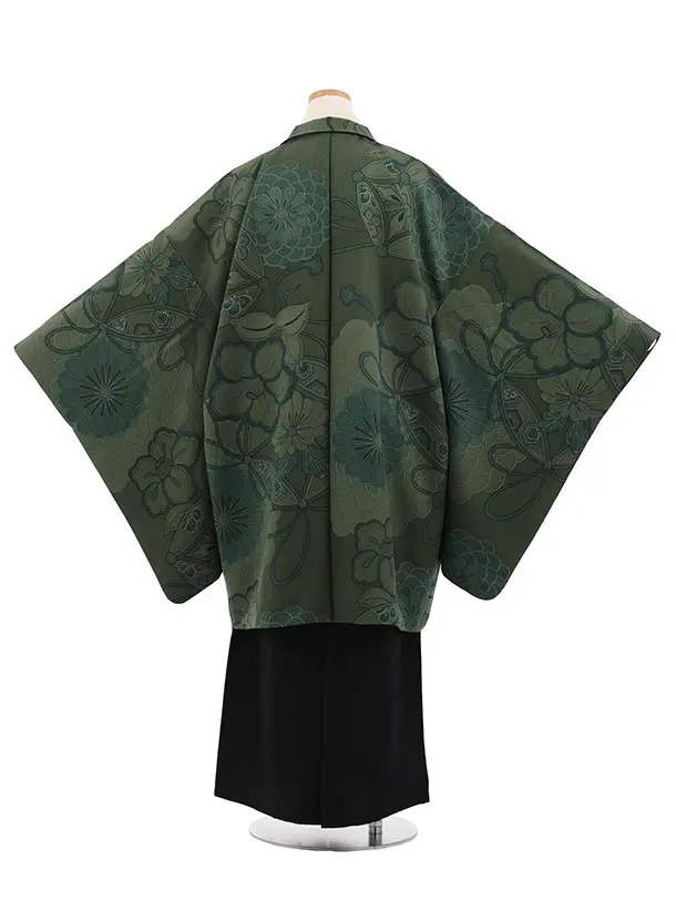 かんたん着付小学生男児袴ﾚﾝﾀﾙZ763  グリーン七宝椿×黒