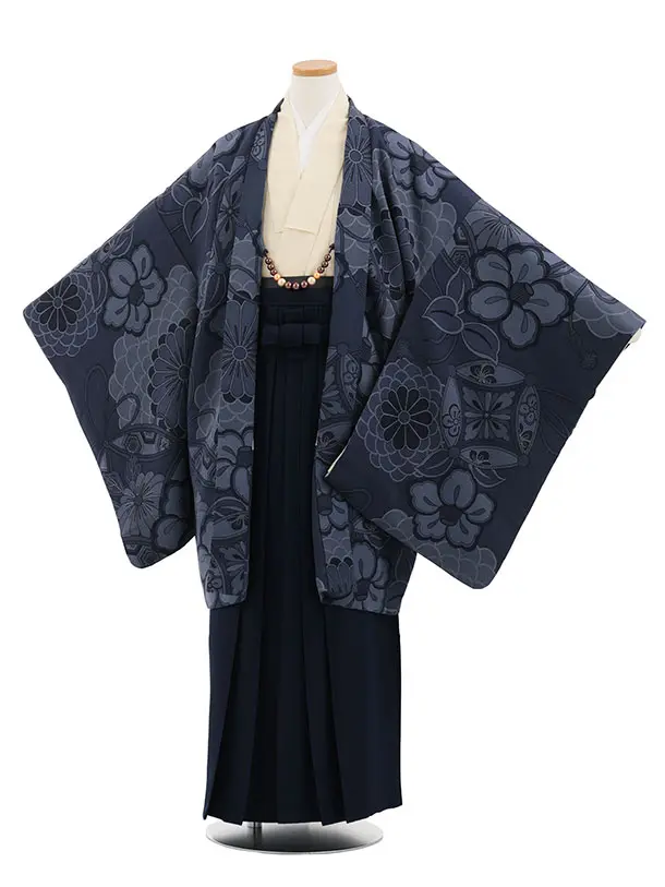 かんたん着付小学生男児袴ﾚﾝﾀﾙZ764  紺地七宝椿×紺