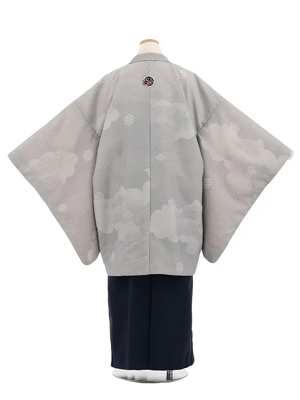 かんたん着付小学生男児袴ﾚﾝﾀﾙZ779 グレー雲取りしゃれ紋×紺