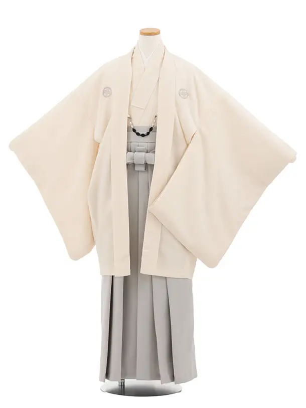 かんたん着付小学生男児袴ﾚﾝﾀﾙZ782 クリーム紋付×グレー