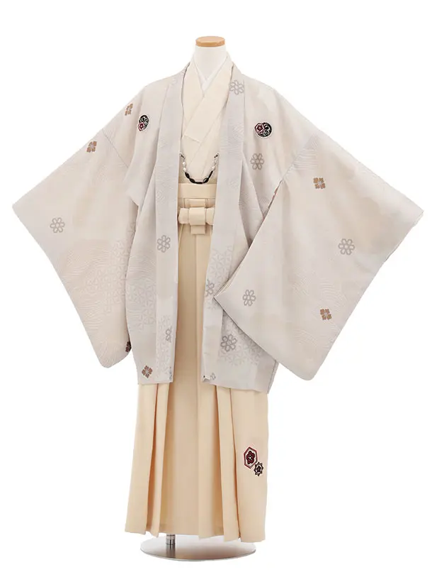 かんたん着付小学生男児袴ﾚﾝﾀﾙZ791 薄ベージュ雲取りしゃれ紋×ベージュ