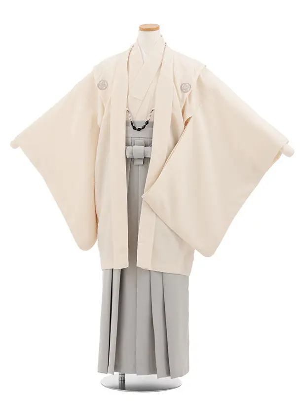 かんたん着付小学生男児袴ﾚﾝﾀﾙZ793 クリーム紋付×グレー