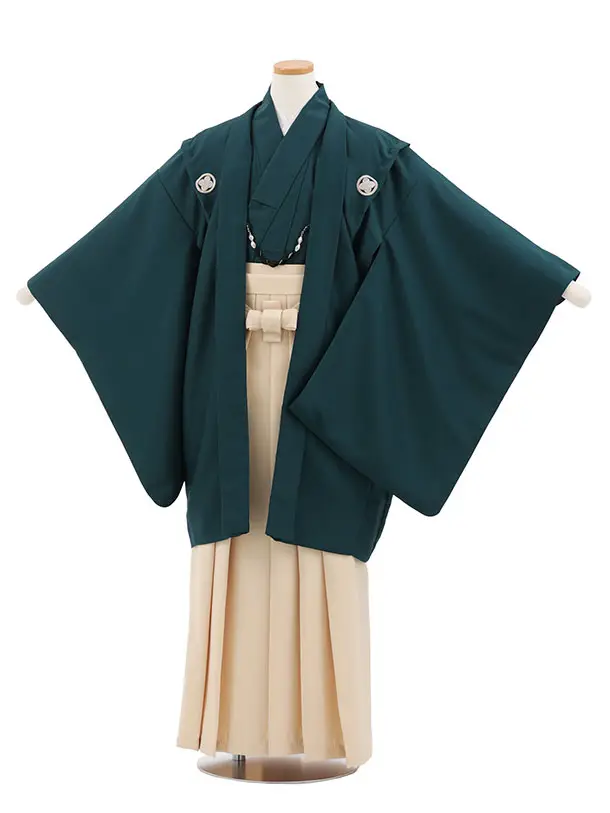 かんたん着付小学生男児袴ﾚﾝﾀﾙZ795 ターコイズ紋付×クリームベージュ