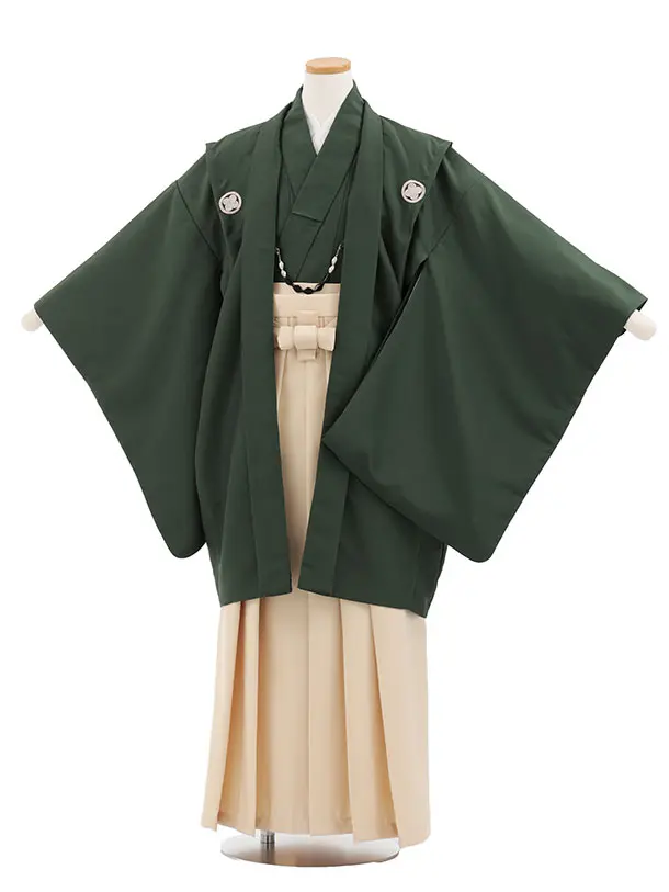 かんたん着付小学生男児袴ﾚﾝﾀﾙZ797 カーキグリーン紋付×クリームベージュ