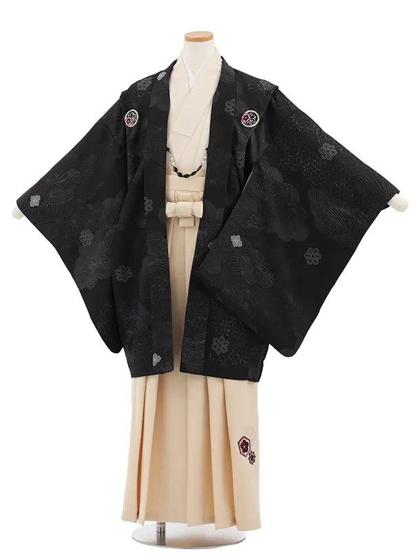 かんたん着付小学生男児袴ﾚﾝﾀﾙZ798 黒雲取りしゃれ紋×クリームベージュ
