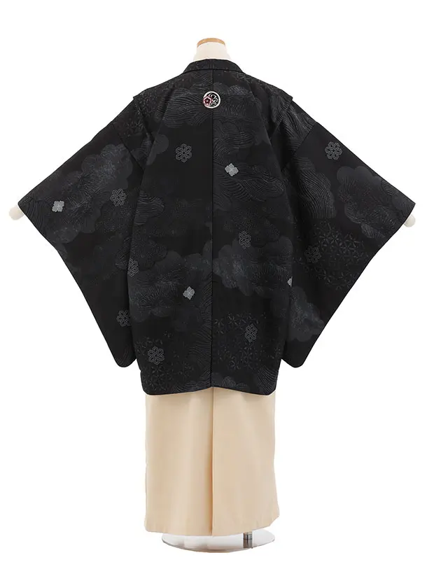 かんたん着付小学生男児袴ﾚﾝﾀﾙZ798 黒雲取りしゃれ紋×クリームベージュ