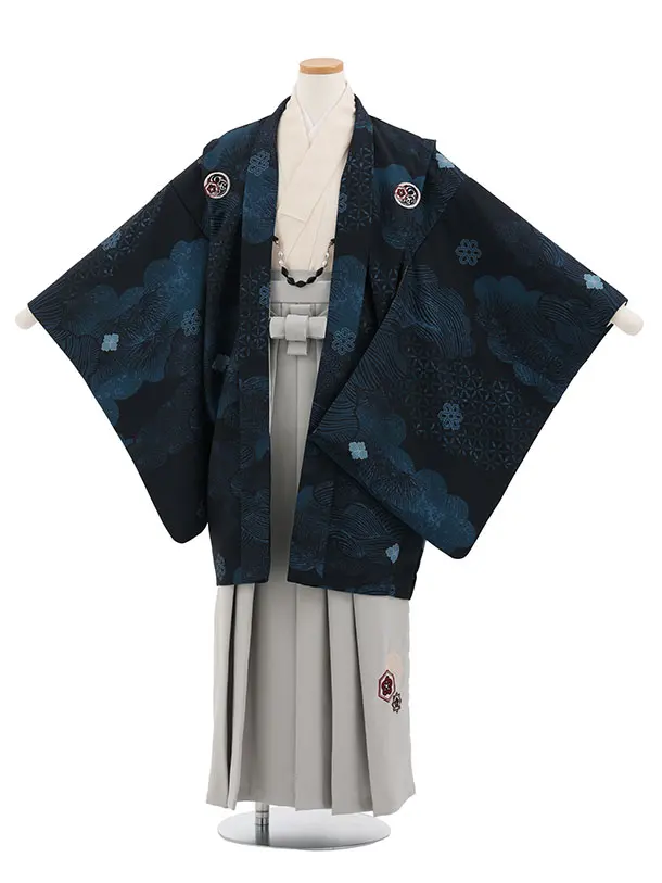 かんたん着付小学生男児袴ﾚﾝﾀﾙZ799 紺雲取りしゃれ紋×グレー