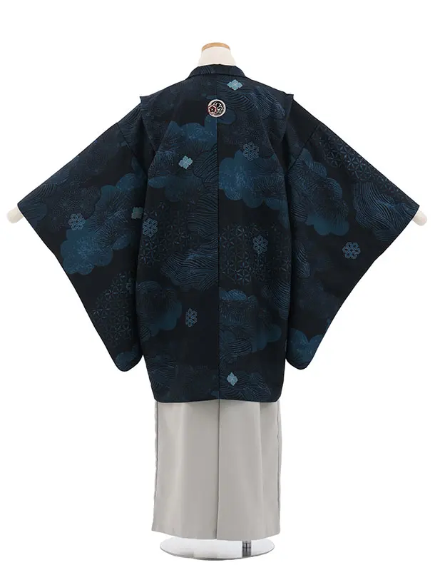 かんたん着付小学生男児袴ﾚﾝﾀﾙZ799 紺雲取りしゃれ紋×グレー