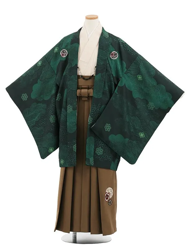 かんたん着付小学生男児袴ﾚﾝﾀﾙZ800 緑雲取しゃれ紋×ブラウン