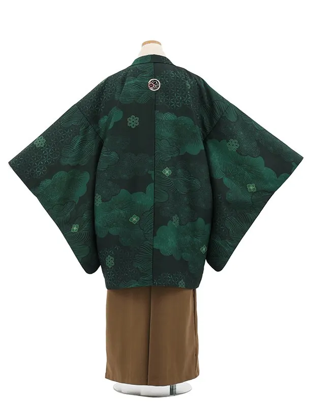 かんたん着付小学生男児袴ﾚﾝﾀﾙZ800 緑雲取しゃれ紋×ブラウン