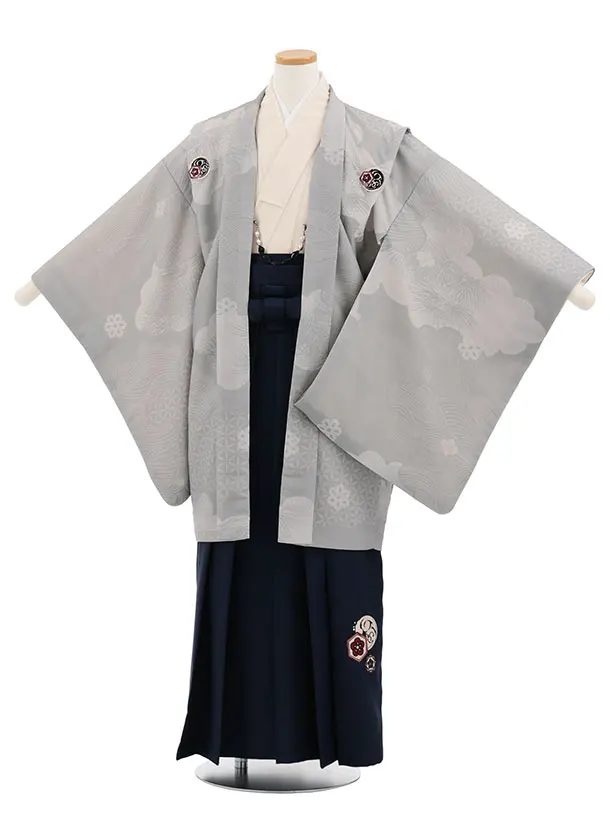 かんたん着付小学生男児袴ﾚﾝﾀﾙZ801 グレー雲取りしゃれ紋×紺