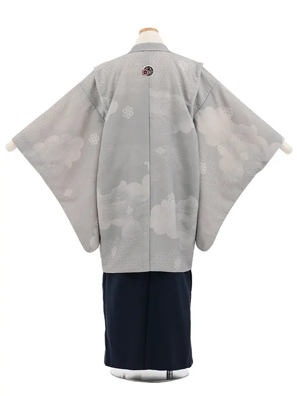 かんたん着付小学生男児袴ﾚﾝﾀﾙZ801 グレー雲取りしゃれ紋×紺
