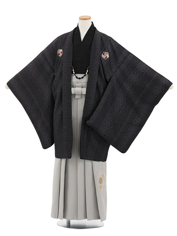 小学生男児袴ﾚﾝﾀﾙZ886 小町Kids ブラウン紗綾形しゃれ紋×グレー