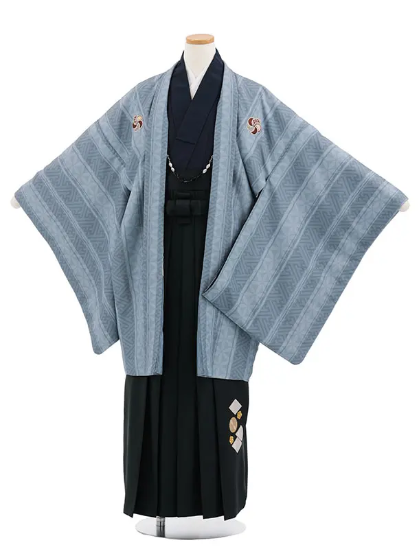 小学生男児袴ﾚﾝﾀﾙZ887 小町Kids グレー紗綾形しゃれ紋×黒