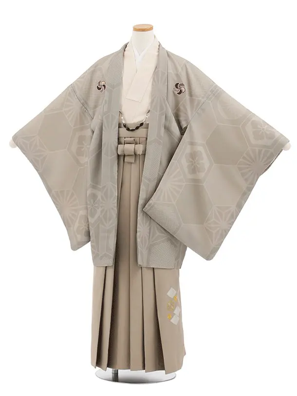 小学生男児袴ﾚﾝﾀﾙZ888 小町Kids ベージュ亀甲しゃれ紋×モカベージュ