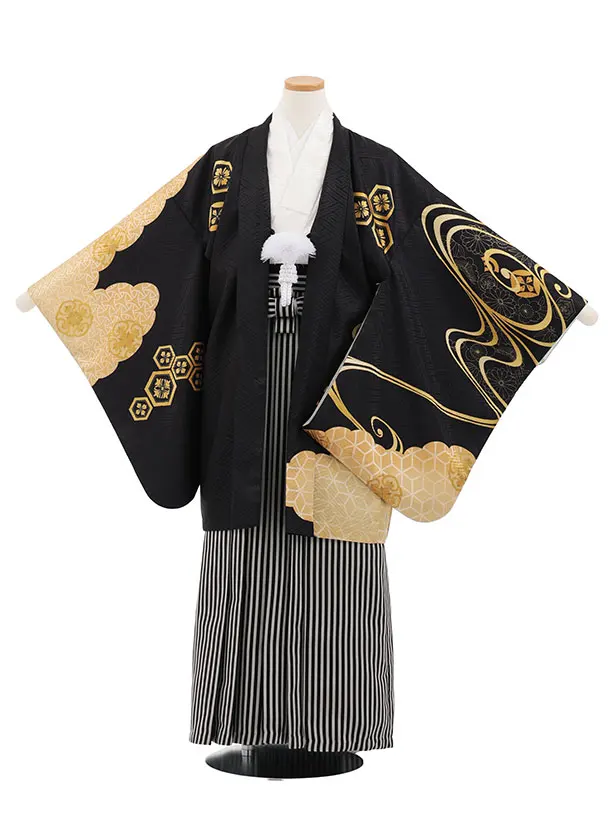 小学生男児袴ﾚﾝﾀﾙZ891  黒ゴールド流水×黒縞