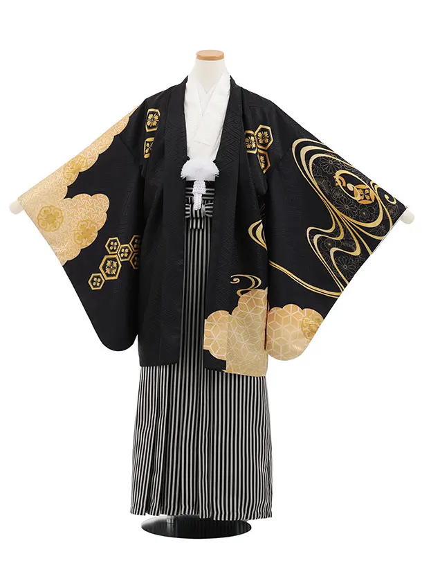小学生男児袴ﾚﾝﾀﾙZ891  黒ゴールド流水×黒縞