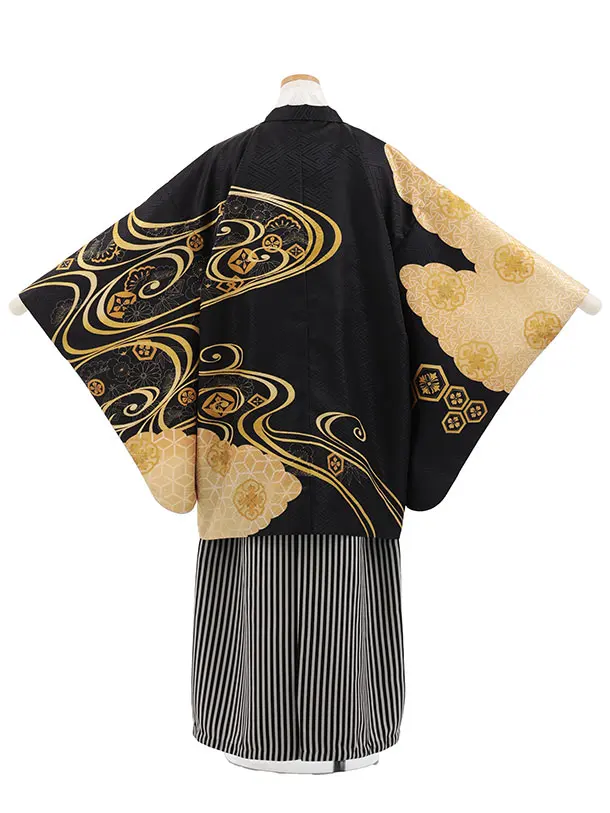 小学生男児袴ﾚﾝﾀﾙZ891  黒ゴールド流水×黒縞